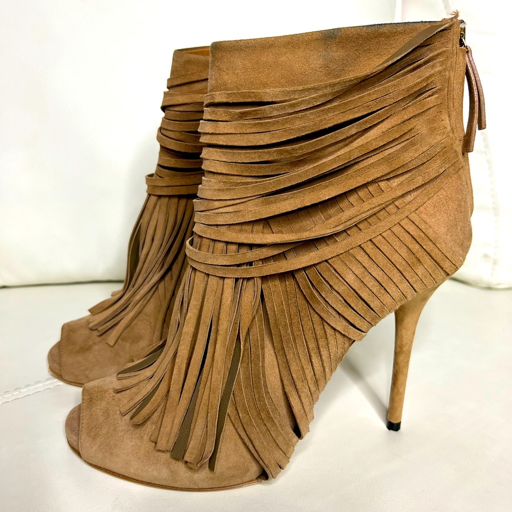 Authentic Gucci Ackerman Brown Suede Booties, peep toe stilettos & fringe detail